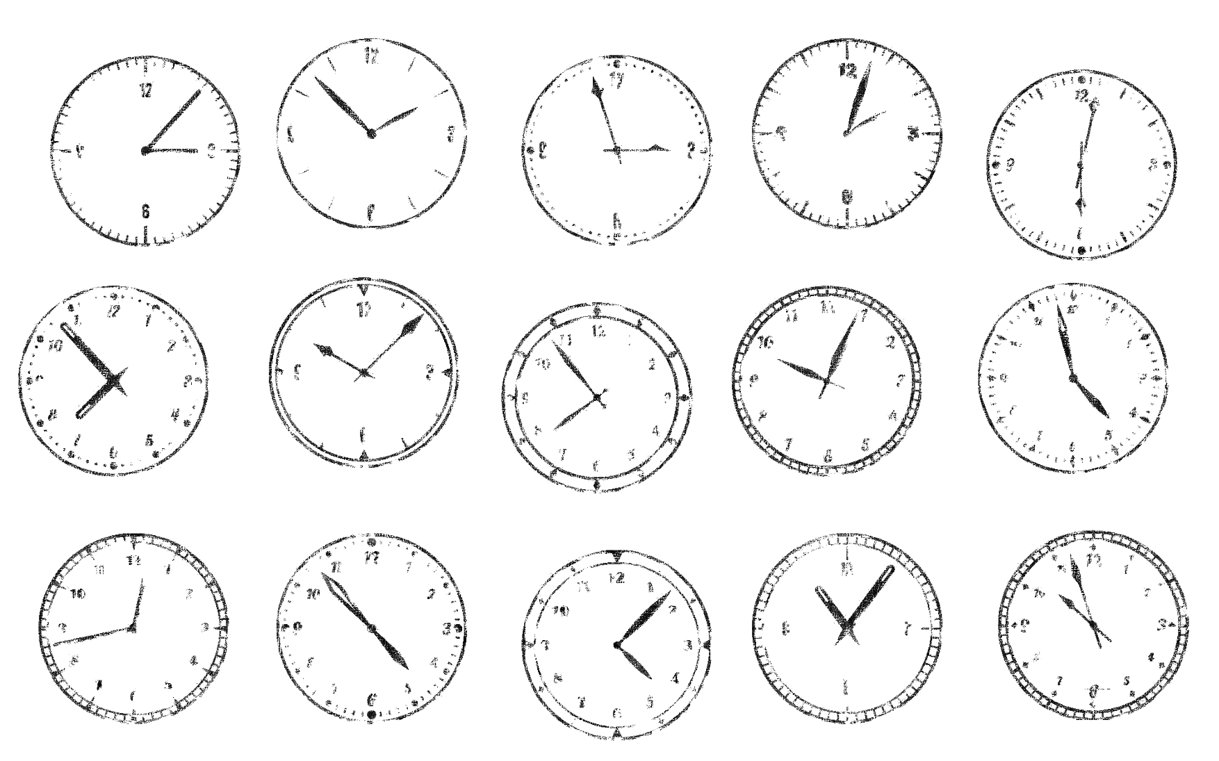 15 blurried slightlyt unaligned clocks